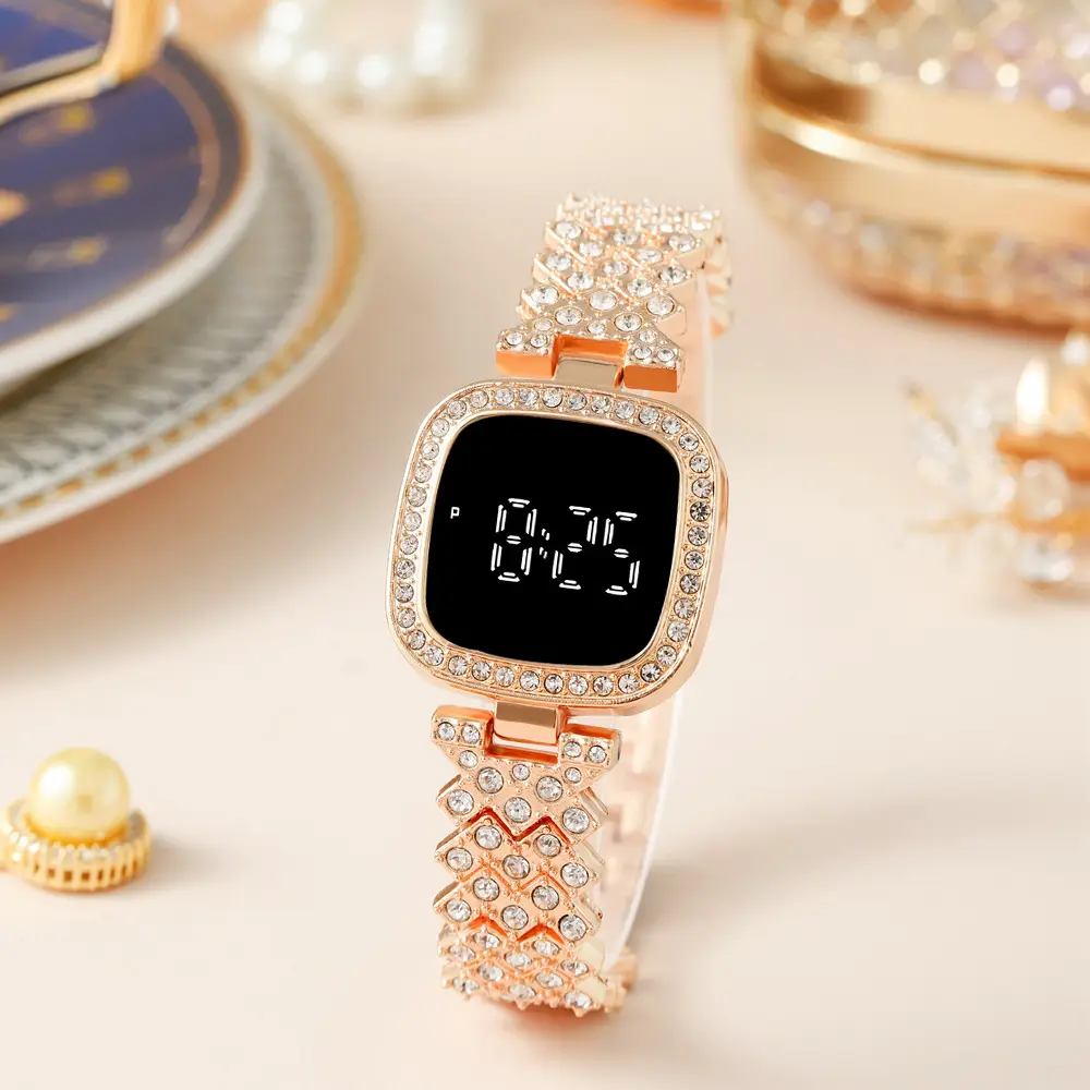 Women's Diamond Studded Digital Watch with Steel Band — feature 3