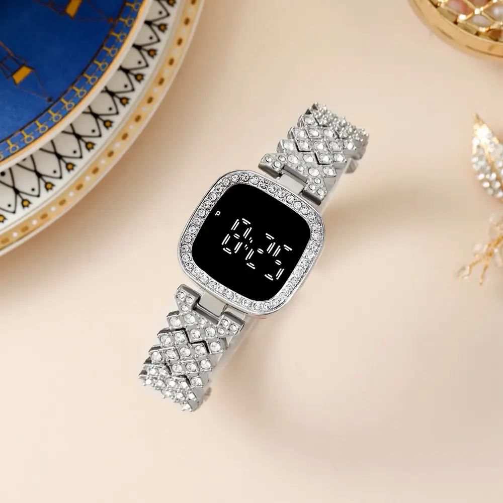 Women's Diamond Studded Digital Watch with Steel Band — feature 5