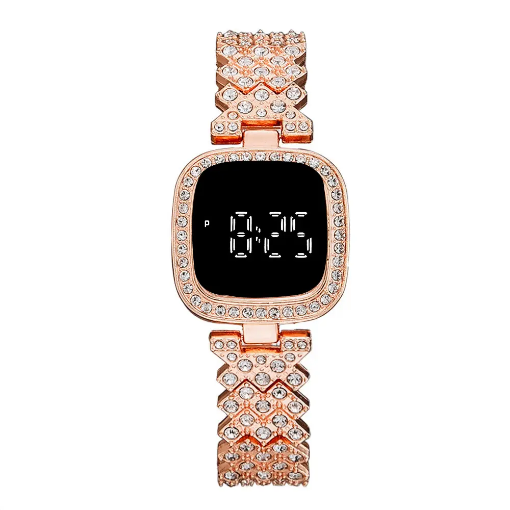 Women's Diamond Studded Digital Watch with Steel Band - Image 3