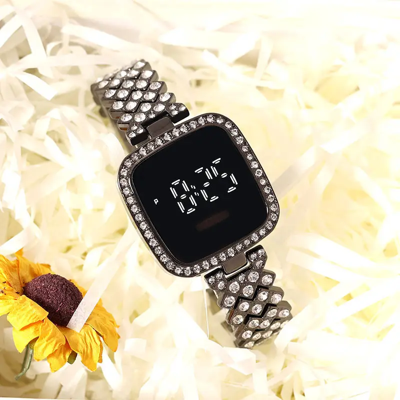 Women's Diamond Studded Digital Watch with Steel Band - Image 4
