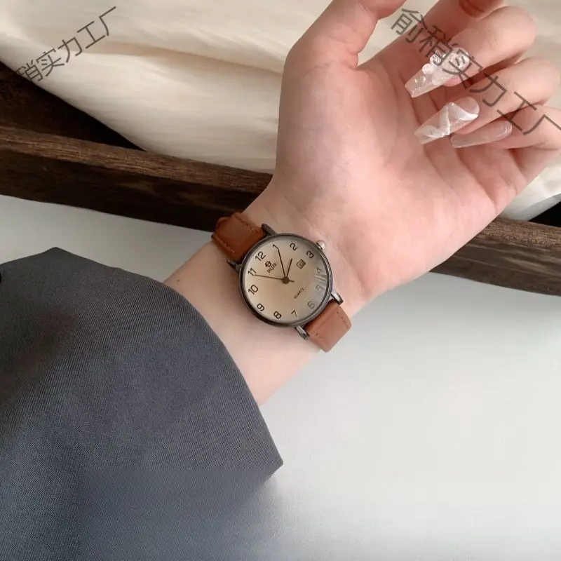 Women's Brown Leather Watch with Retro Quartz Design - Image 4