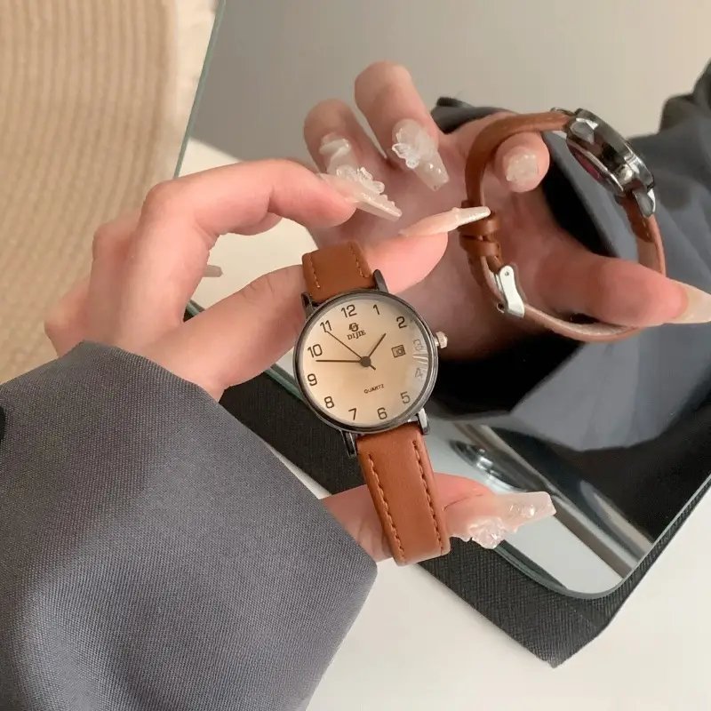 Women's Brown Leather Watch with Retro Quartz Design — feature 1