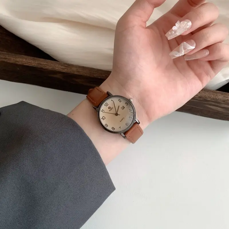 Women's Brown Leather Watch with Retro Quartz Design — feature 3
