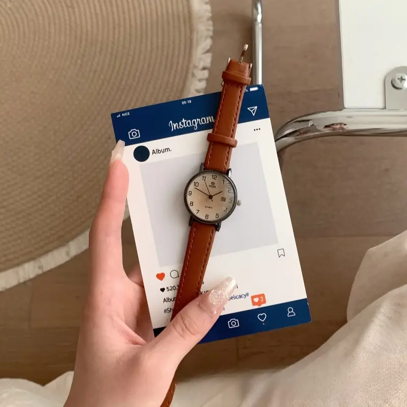 Women's Brown Leather Watch with Retro Quartz Design — feature 5
