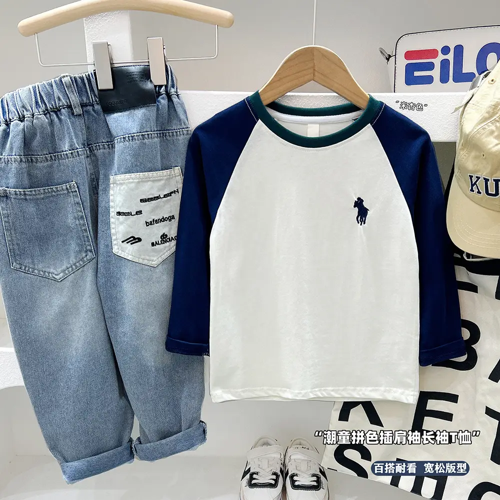 Boys Long Sleeve Color Block T-Shirt White Blue 2025 — feature 1