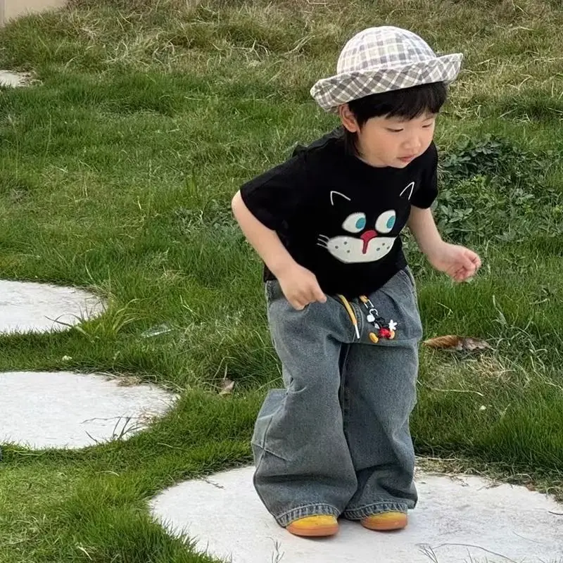 Kids Cartoon Cat Print Cotton T-Shirt Black Summer