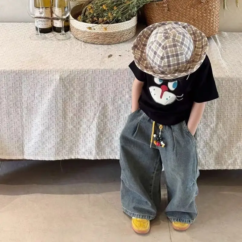 Kids Cartoon Cat Print Cotton T-Shirt Black Summer