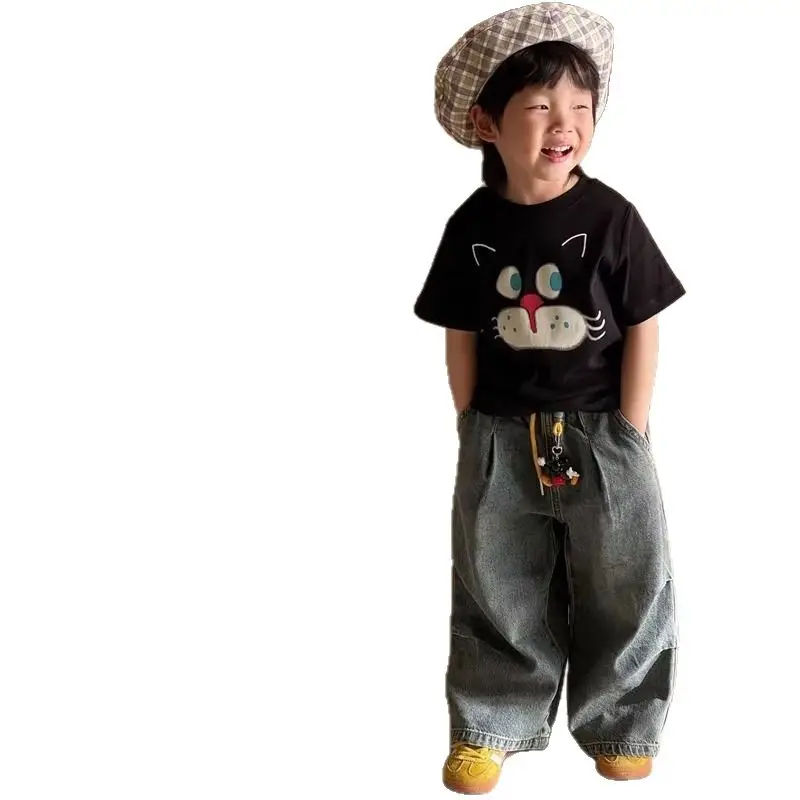 Kids Cartoon Cat Print Cotton T-Shirt Black Summer