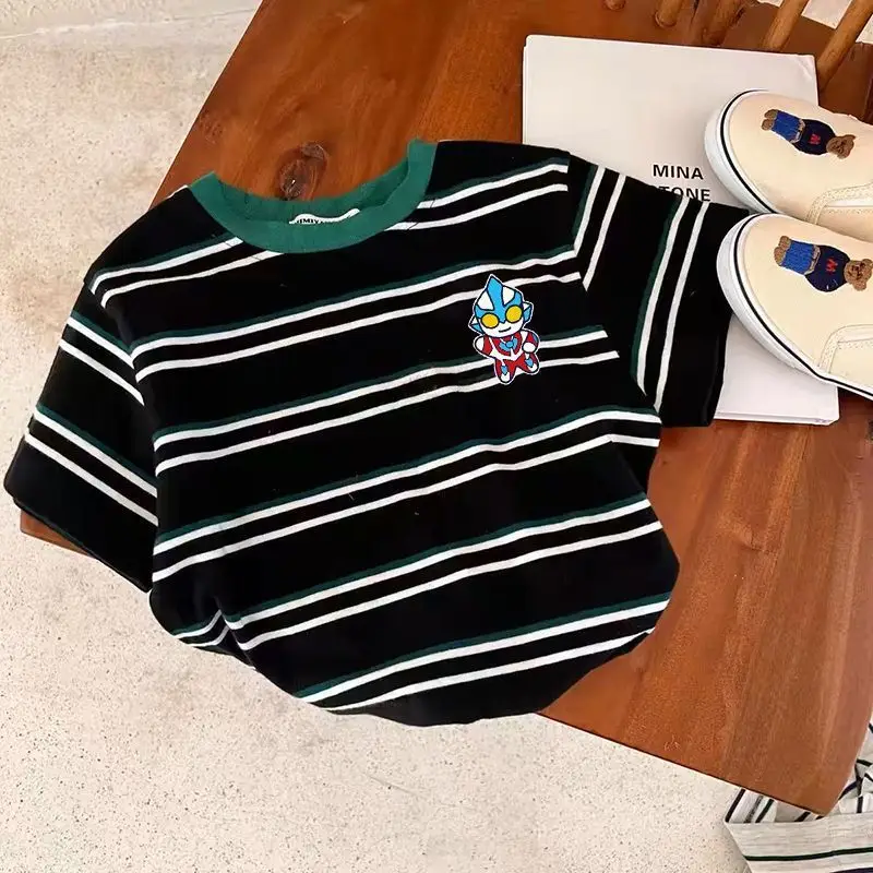 Boys 100 Cotton Cartoon Striped T-Shirt Black