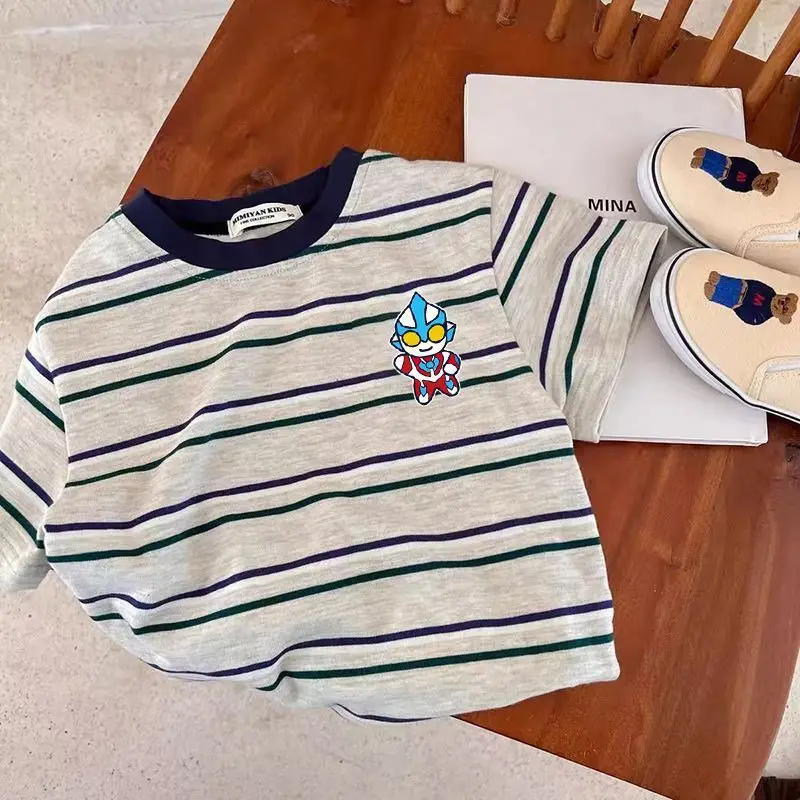 Boys 100 Cotton Cartoon Striped T-Shirt Black