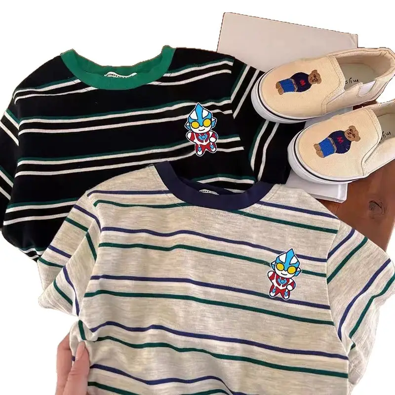 Boys 100 Cotton Cartoon Striped T-Shirt Black