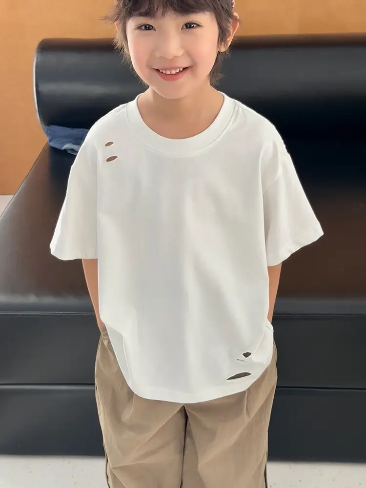 2025 Summer Boys T-Shirt Ripped Korean Style Loose Solid Color - Image 2