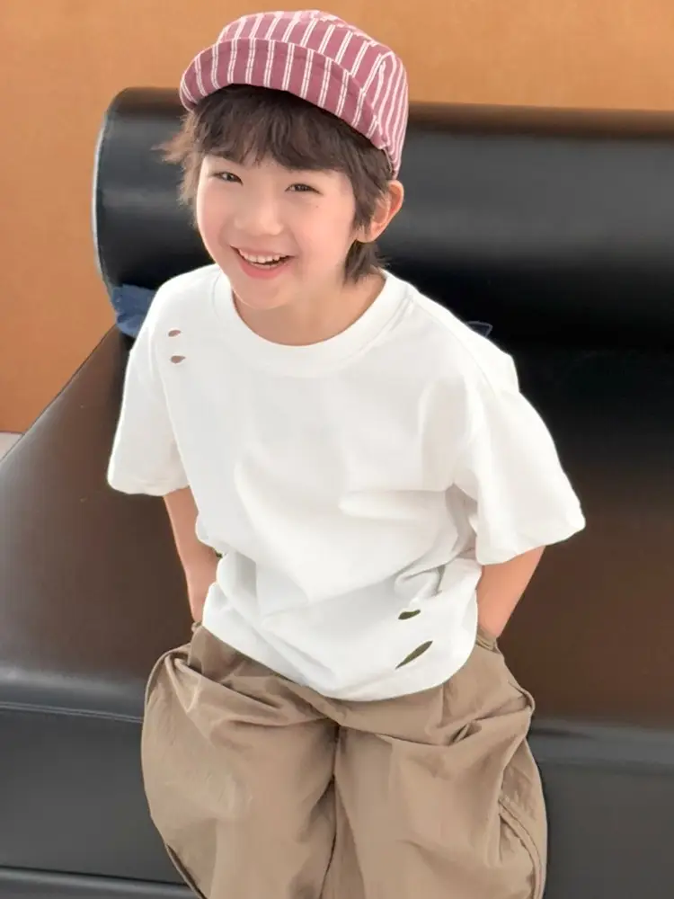 2025 Summer Boys T-Shirt Ripped Korean Style Loose Solid Color - Image 3