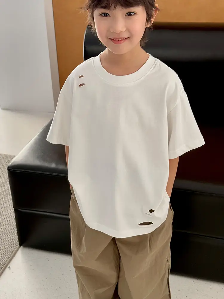 2025 Summer Boys T-Shirt Ripped Korean Style Loose Solid Color - Image 4