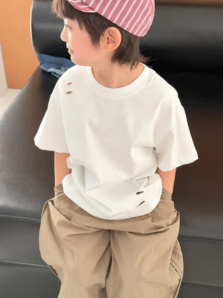 2025 Summer Boys T-Shirt Ripped Korean Style Loose Solid Color - Image 5