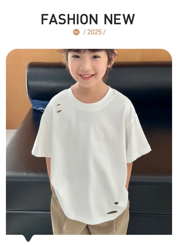 2025 Summer Boys T-Shirt Ripped Korean Style Loose Solid Color — feature 1