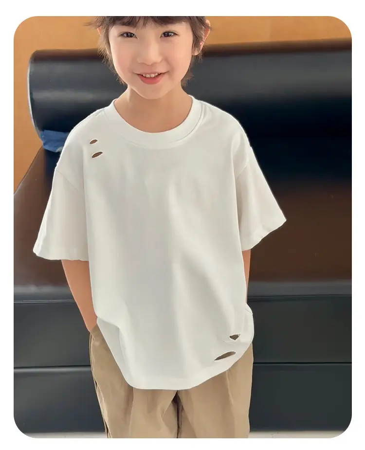 2025 Summer Boys T-Shirt Ripped Korean Style Loose Solid Color — feature 10