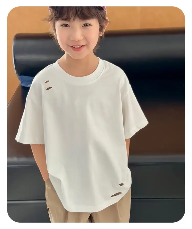 2025 Summer Boys T-Shirt Ripped Korean Style Loose Solid Color — feature 12