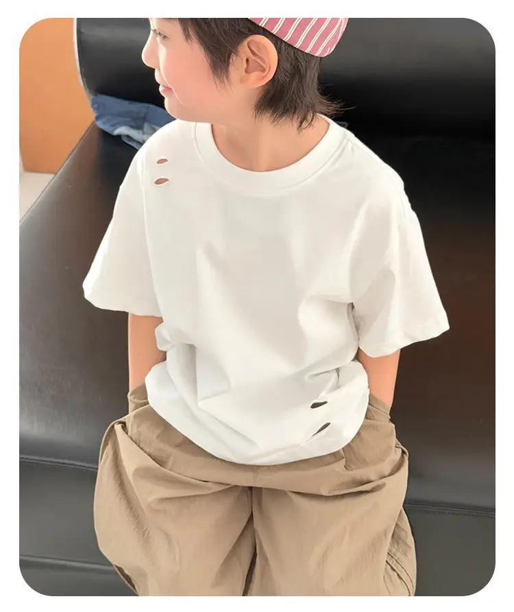 2025 Summer Boys T-Shirt Ripped Korean Style Loose Solid Color — feature 14