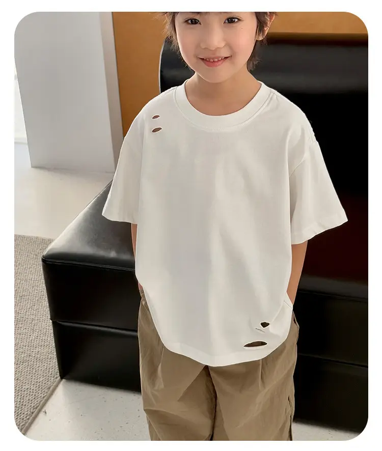 2025 Summer Boys T-Shirt Ripped Korean Style Loose Solid Color — feature 15