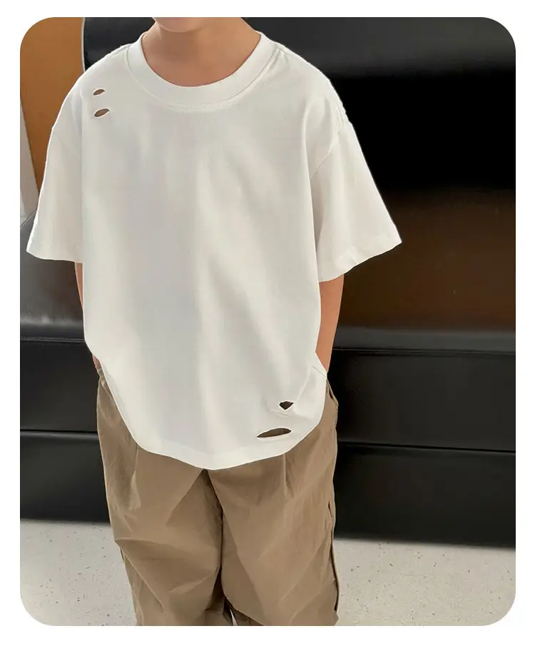 2025 Summer Boys T-Shirt Ripped Korean Style Loose Solid Color — feature 16
