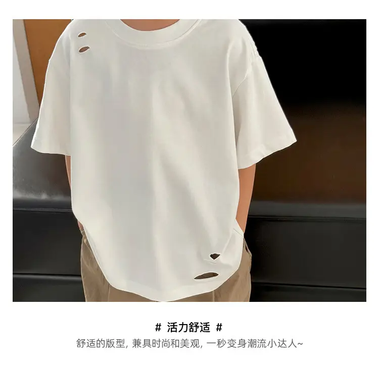 2025 Summer Boys T-Shirt Ripped Korean Style Loose Solid Color — feature 5