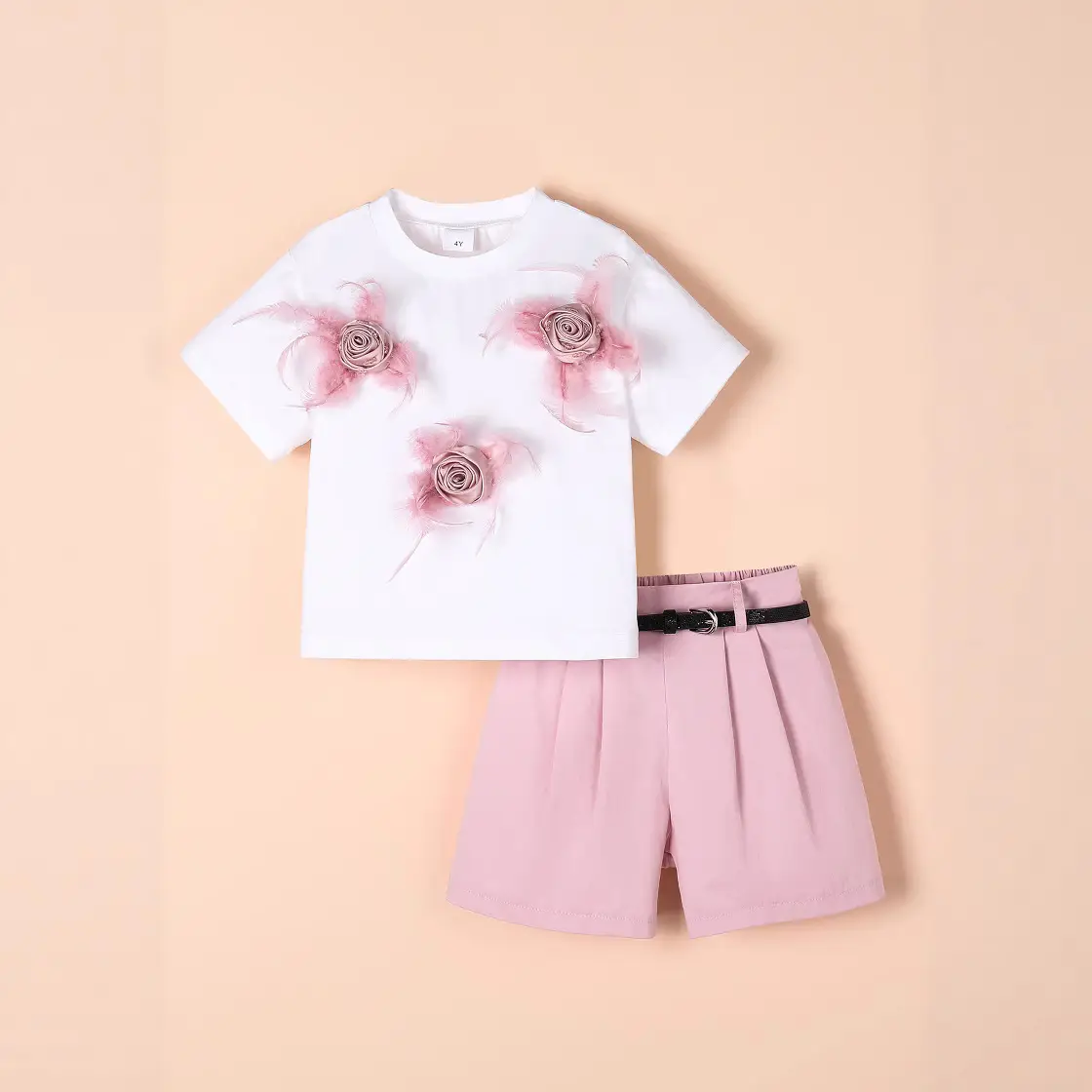 Girls White T-Shirt Pink Shorts Set Summer Casual - Image 2