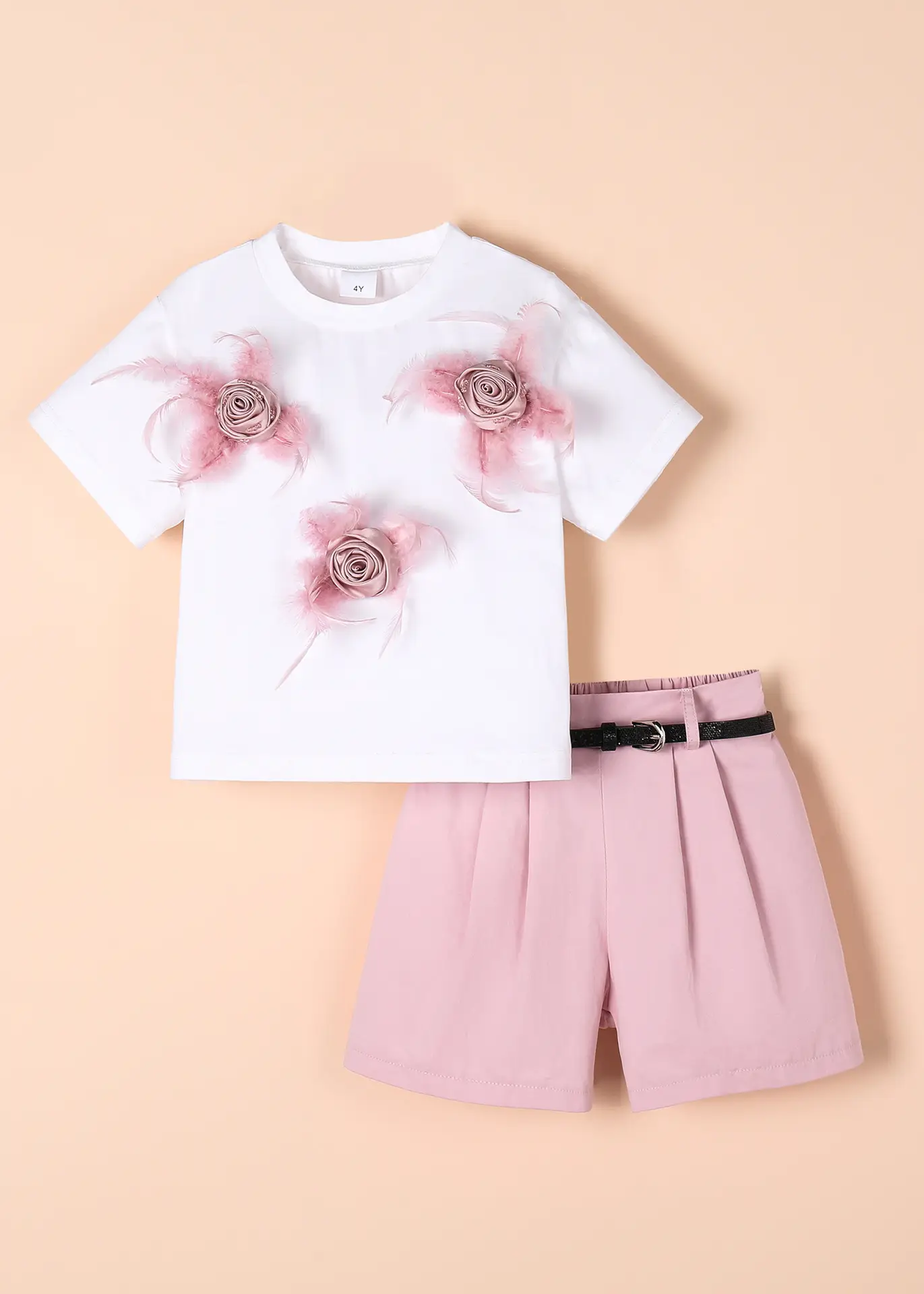 Girls White T-Shirt Pink Shorts Set Summer Casual — feature 1