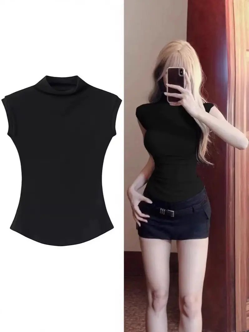 Half Turtleneck Right Shoulder Short-Sleeved T-Shirt for Women Summer 2025 New Tight-Fitting Slimming Look Unique Super Nice Single Wear Short Top