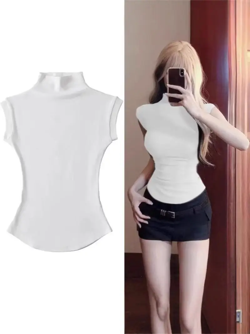 Half Turtleneck Right Shoulder Short-Sleeved T-Shirt for Women Summer 2025 New Tight-Fitting Slimming Look Unique Super Nice Single Wear Short Top