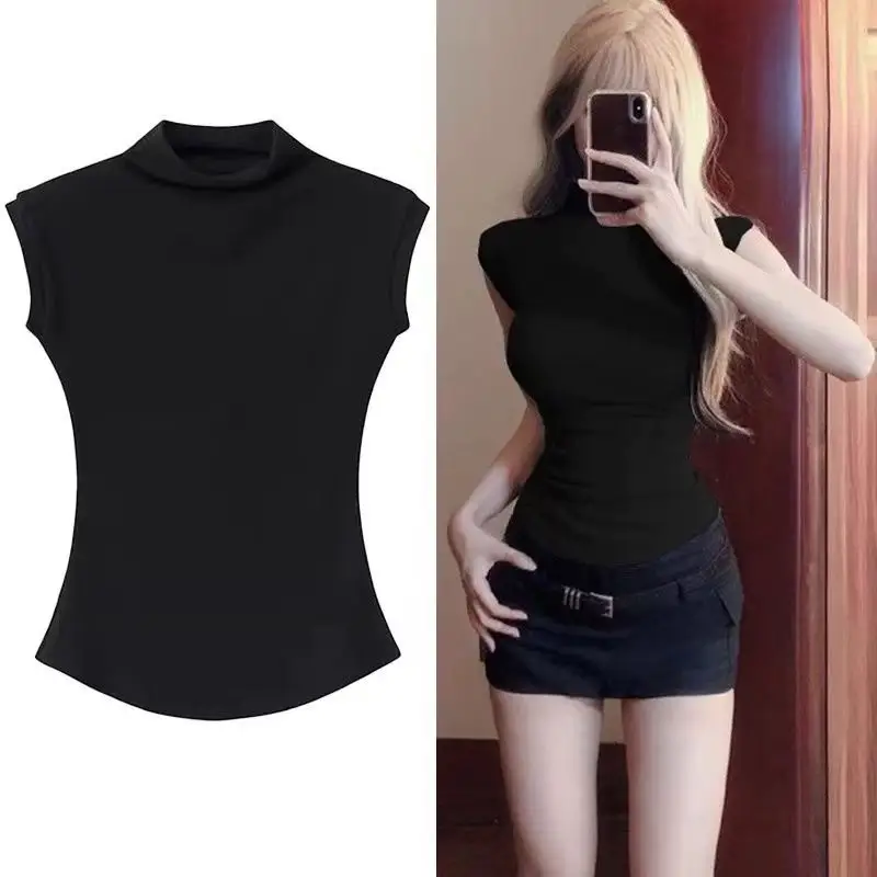 Half Turtleneck Right Shoulder Short-Sleeved T-Shirt for Women Summer 2025 New Tight-Fitting Slimming Look Unique Super Nice Single Wear Short Top — feature 16