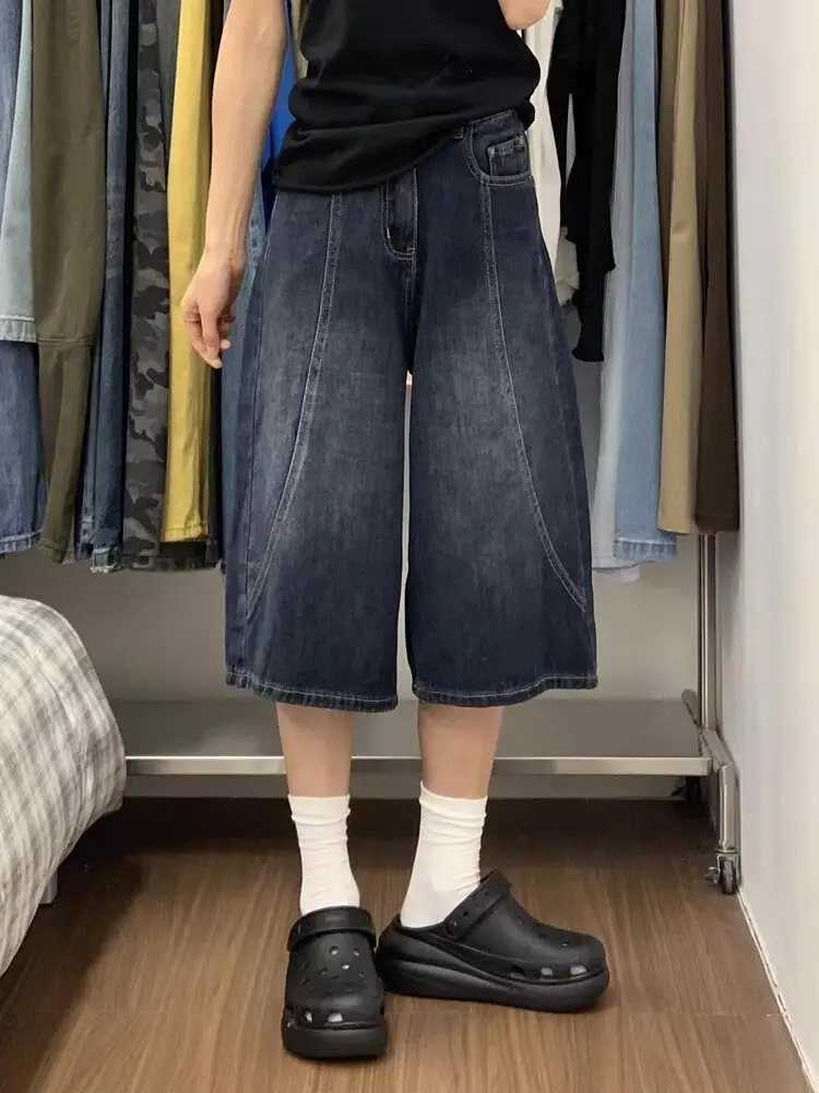 Plus Size Denim Shorts Dark Blue Cropped Wide Leg