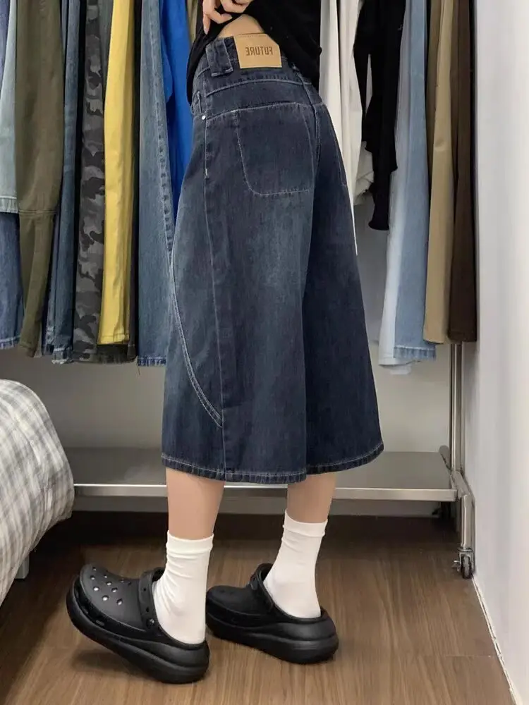 Plus Size Denim Shorts Dark Blue Cropped Wide Leg