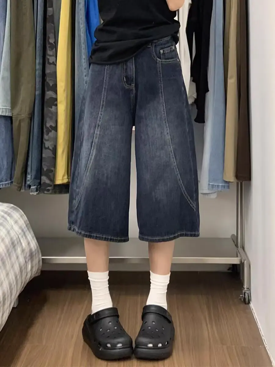 Plus Size Denim Shorts Dark Blue Cropped Wide Leg — feature 2