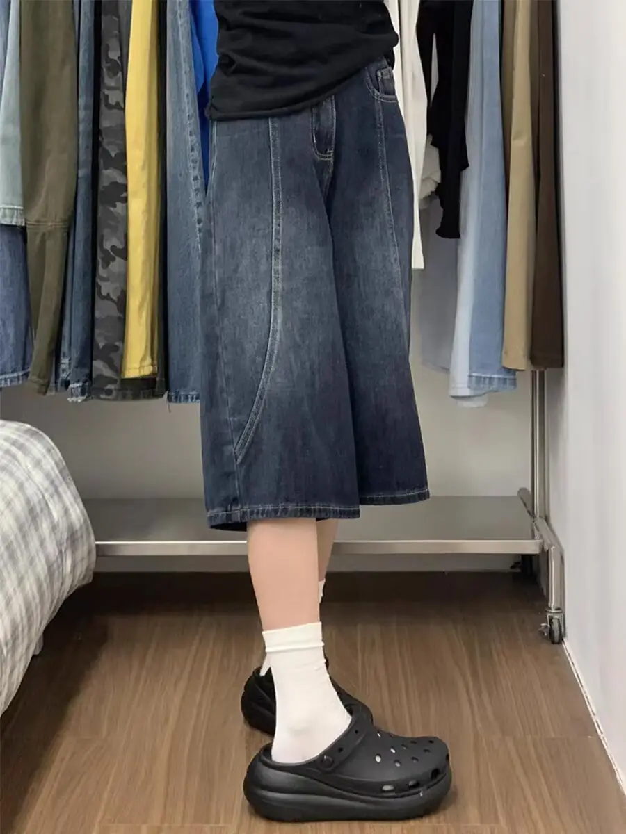 Plus Size Denim Shorts Dark Blue Cropped Wide Leg — feature 4