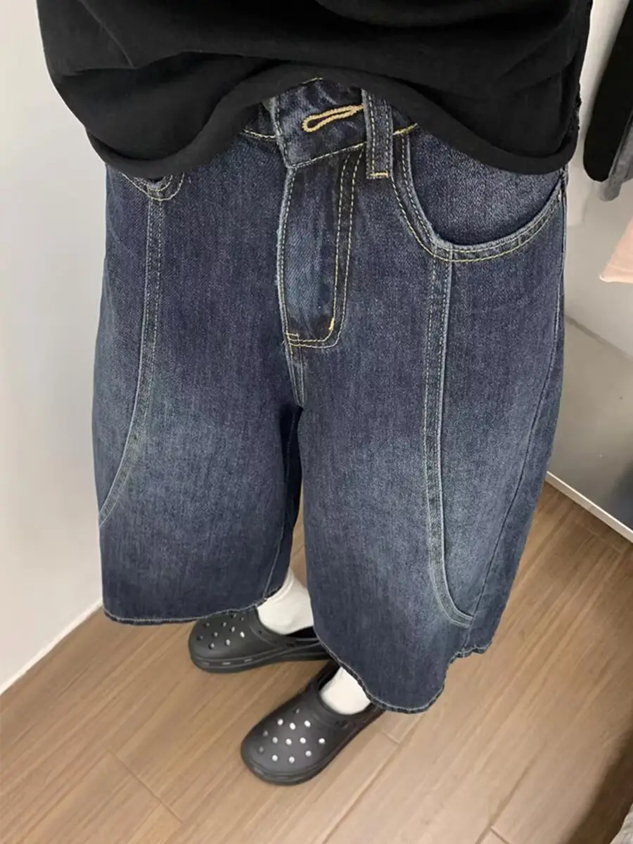 Plus Size Denim Shorts Dark Blue Cropped Wide Leg — feature 5