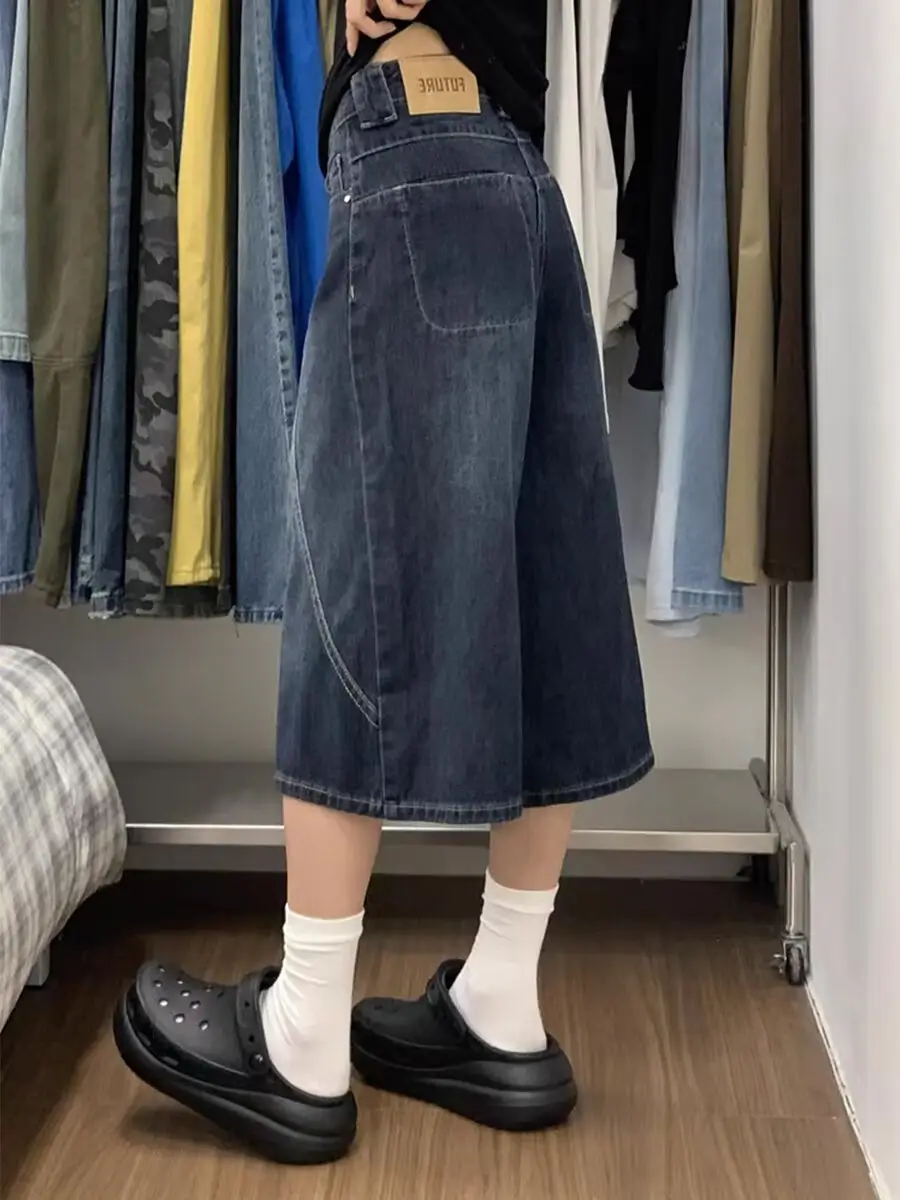 Plus Size Denim Shorts Dark Blue Cropped Wide Leg — feature 6