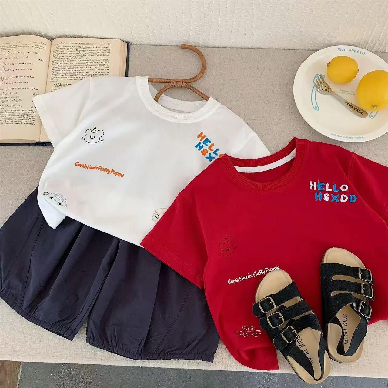 Kids Korean Style Short Sleeve T-Shirt Set Red White - Image 4