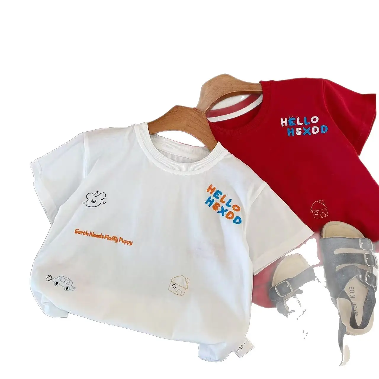 Kids Korean Style Short Sleeve T-Shirt Set Red White - Image 7