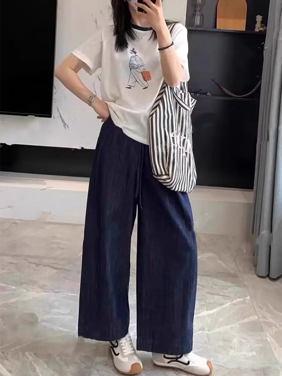 Plus Size Dark Blue Wide Leg Pants for Women