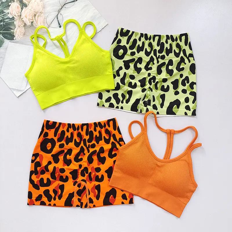 Fitness Suit with Thin Straps and Beautiful Back for Women Running Yoga Sports Bra Peach Butt Lift Leopard Print Three-Point Shorts