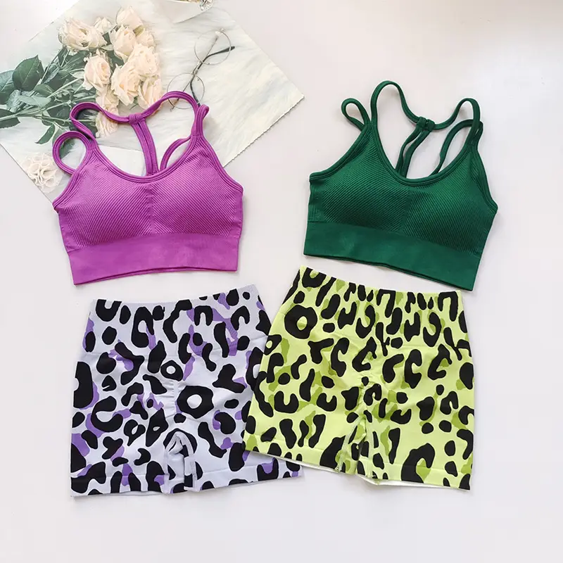 Fitness Suit with Thin Straps and Beautiful Back for Women Running Yoga Sports Bra Peach Butt Lift Leopard Print Three-Point Shorts