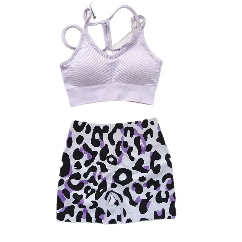 Fitness Suit with Thin Straps and Beautiful Back for Women Running Yoga Sports Bra Peach Butt Lift Leopard Print Three-Point Shorts