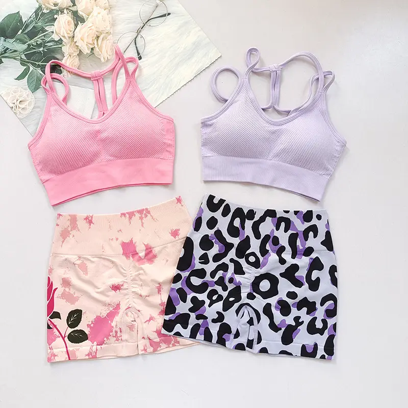 Fitness Suit with Thin Straps and Beautiful Back for Women Running Yoga Sports Bra Peach Butt Lift Leopard Print Three-Point Shorts — feature 4