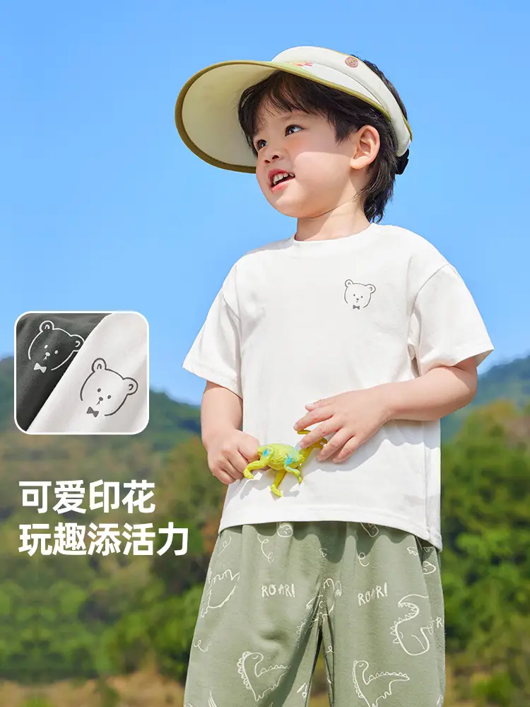 Baby T-Shirt with Cute Bear Print White Green Shorts - Image 4
