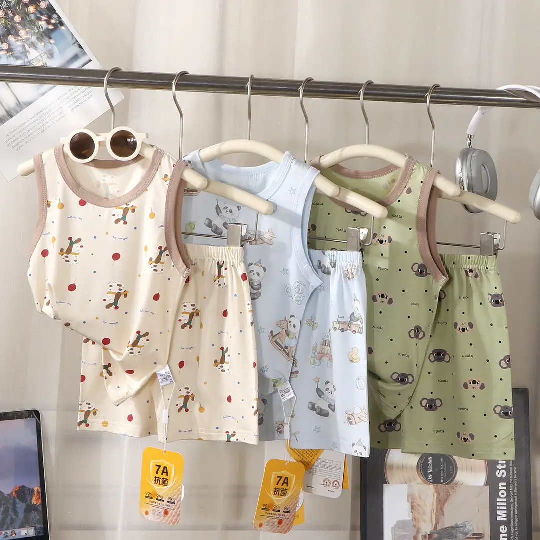 Summer Kidsren's Home Clothes for Boys and Girls Thin Cartoon Pajamas Baby Vest Shorts Sleeveless Suit Air-Conditioned Clothes