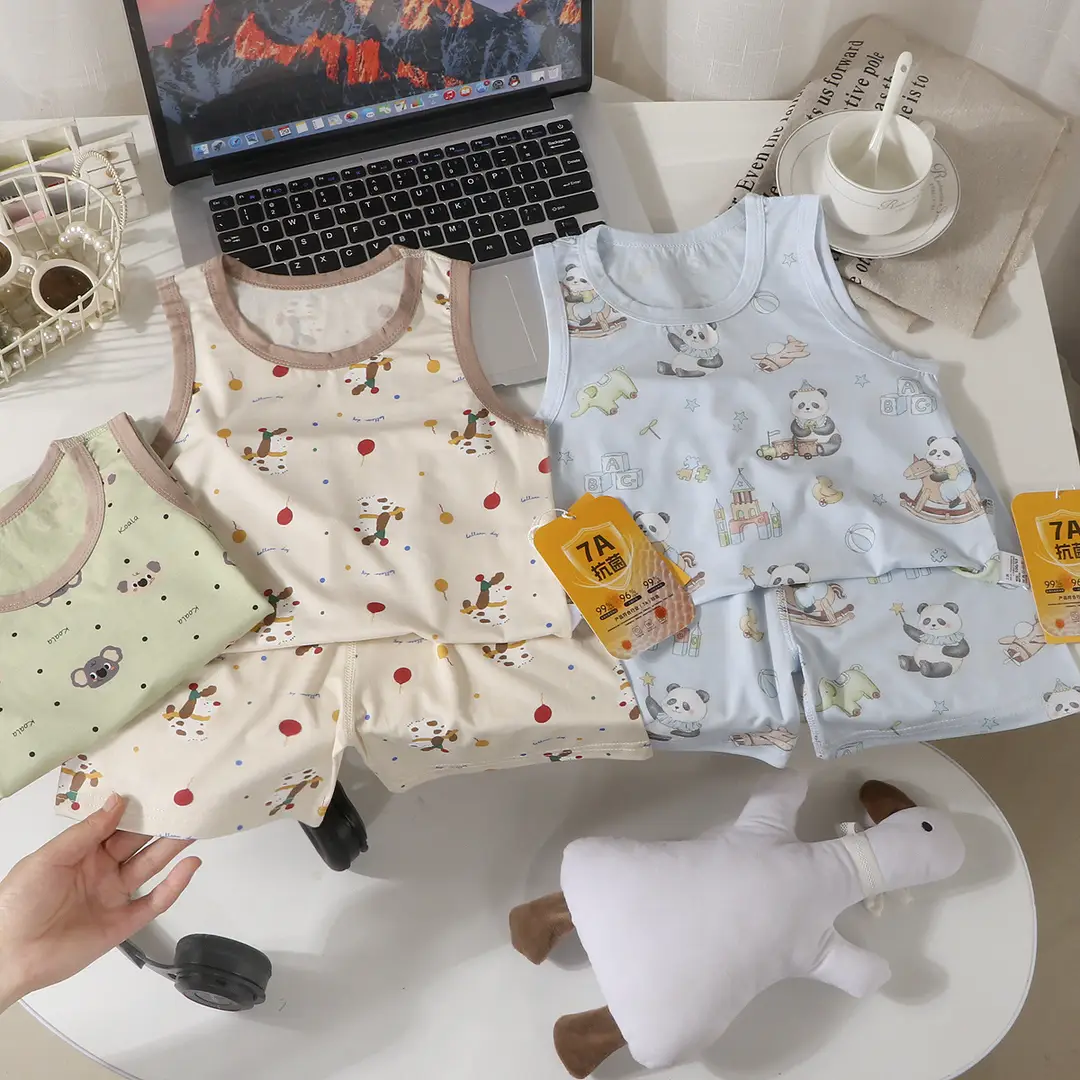 Summer Kidsren's Home Clothes for Boys and Girls Thin Cartoon Pajamas Baby Vest Shorts Sleeveless Suit Air-Conditioned Clothes
