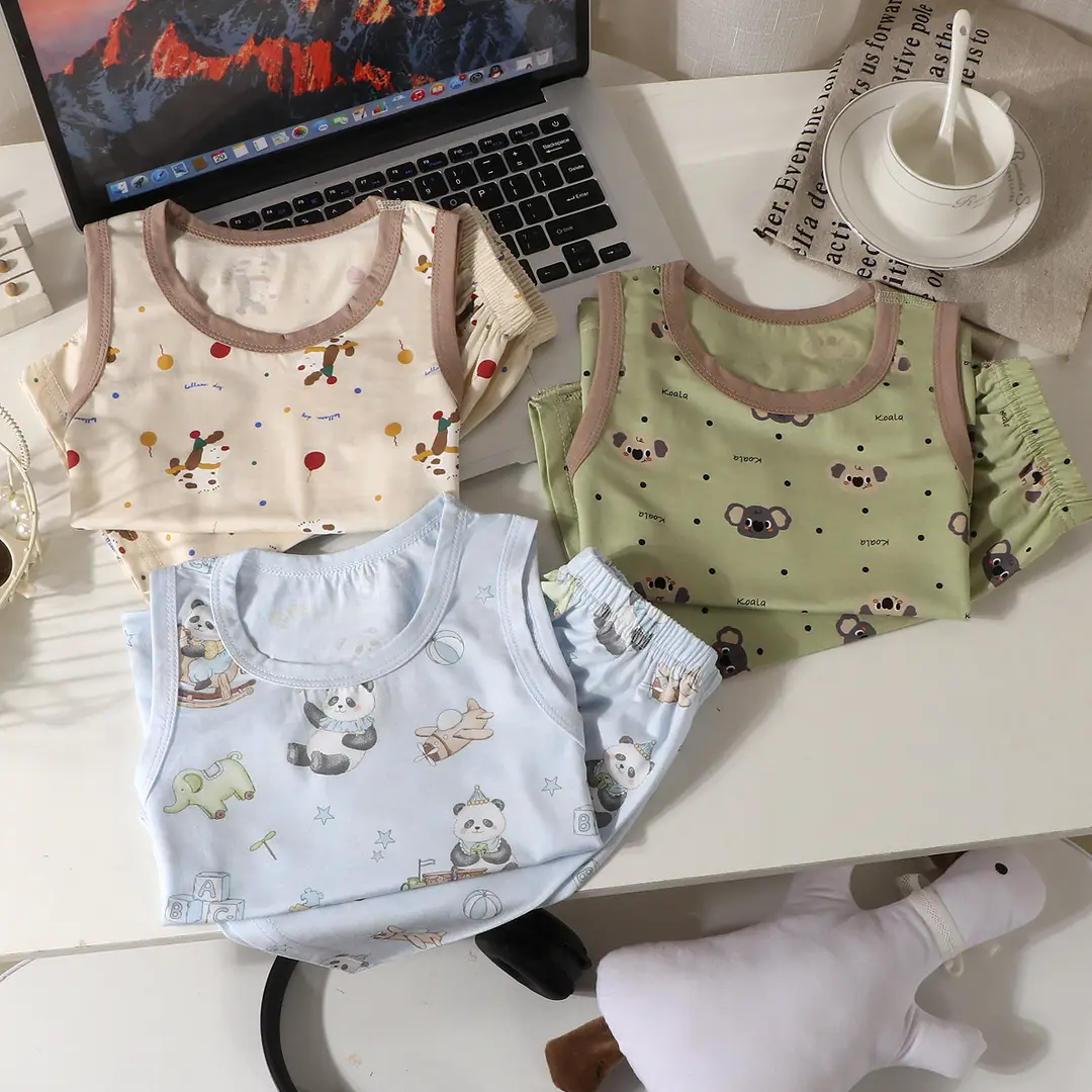 Summer Kidsren's Home Clothes for Boys and Girls Thin Cartoon Pajamas Baby Vest Shorts Sleeveless Suit Air-Conditioned Clothes