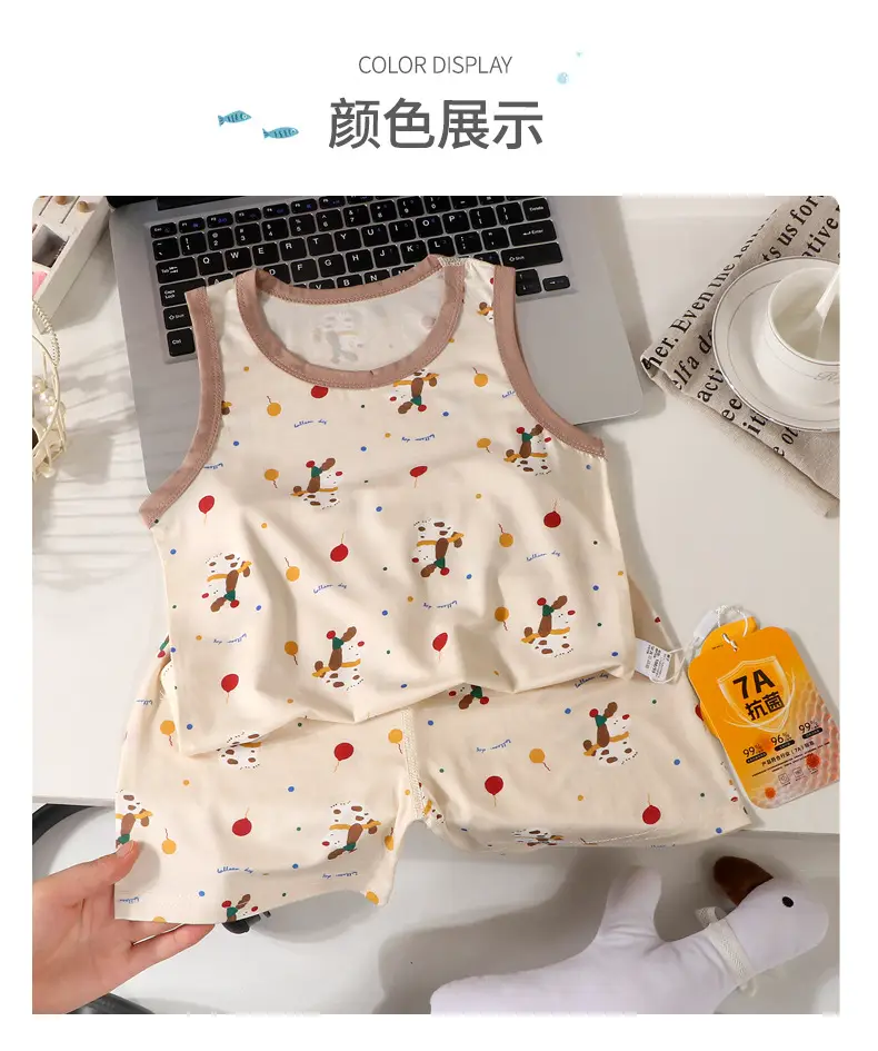 Summer Kidsren's Home Clothes for Boys and Girls Thin Cartoon Pajamas Baby Vest Shorts Sleeveless Suit Air-Conditioned Clothes — feature 12