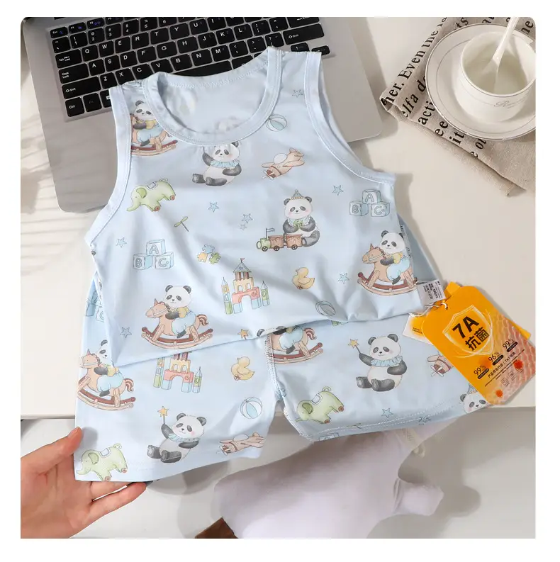 Summer Kidsren's Home Clothes for Boys and Girls Thin Cartoon Pajamas Baby Vest Shorts Sleeveless Suit Air-Conditioned Clothes — feature 13